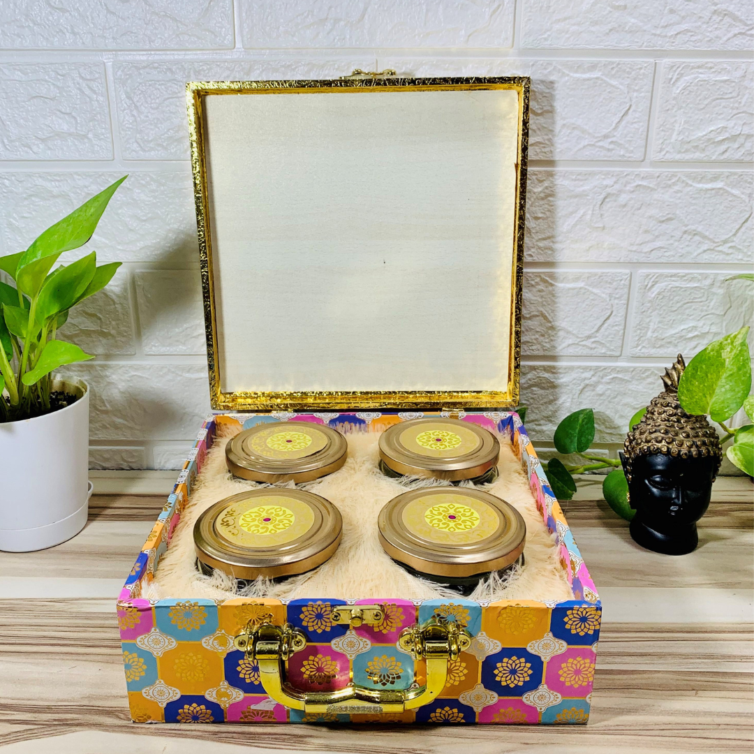 Homefrills Square Multicolour Designer, Decorative, Handicraft Empty Dry Fruit Gift Box/Marriage Gift Box/Sweets Box/Gift Box, Supari Box (4 Glass jars with 1 outer Box)